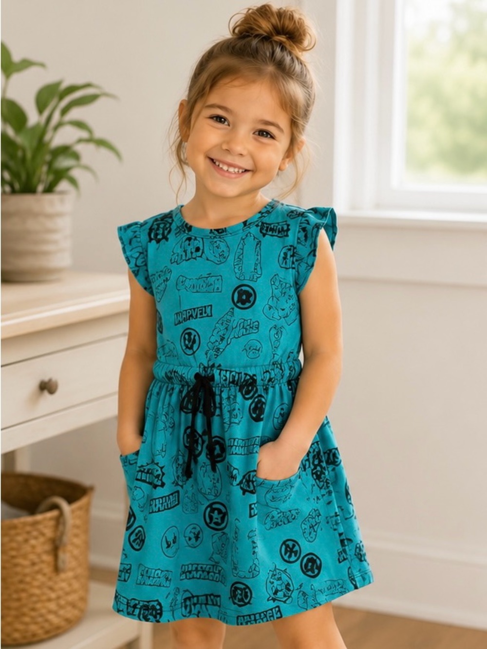 New//Marvel Teal Dress with Black Superhero Print